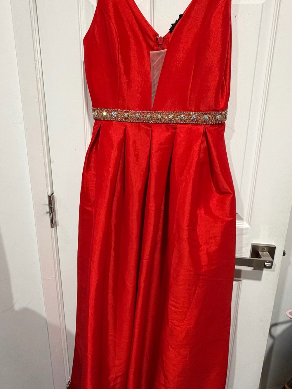 Soieblu Vibrant Red Satin Prom Dress with Beaded Waist